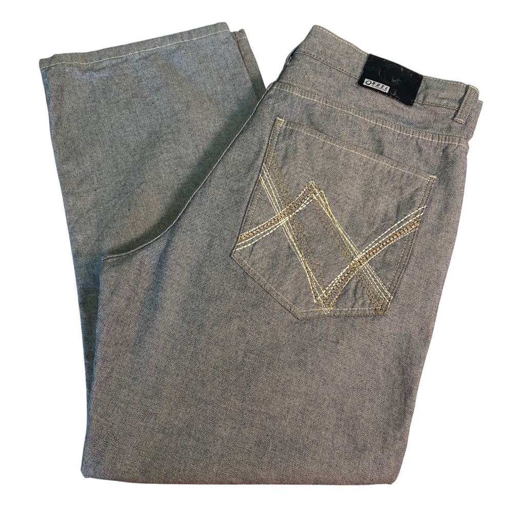QRUEL Jeans Denim Pants Embellished Pockets Blue Light Wash 44x32 Hip Hop Grunge